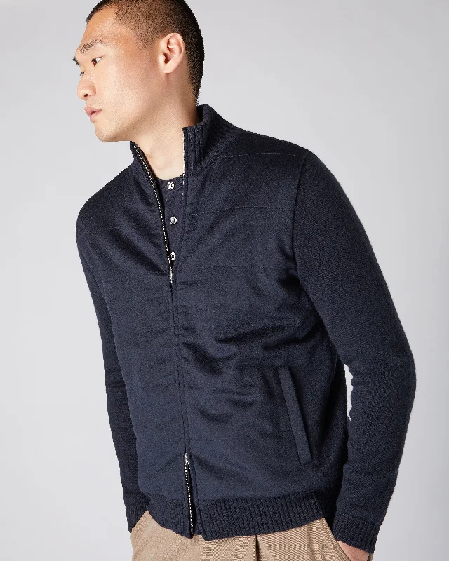 Men's Cashmere Woven Front Jacket Navy Blue Welt Pockets Slit Pockets Flap Pockets