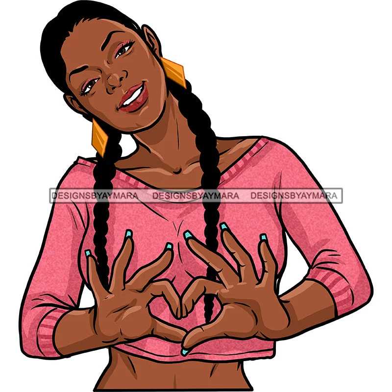 Young Queen Giving Love Sign Long Braids In Pink Sweater JPG PNG  Clipart Cricut Silhouette Cut Cutting Striped Floral Plaid