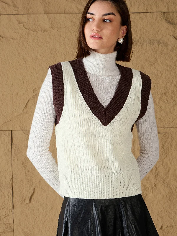 Women White & Brown Solid V-Neck Sweater Vest Boxy Sweater Fitted Sweater A-Line