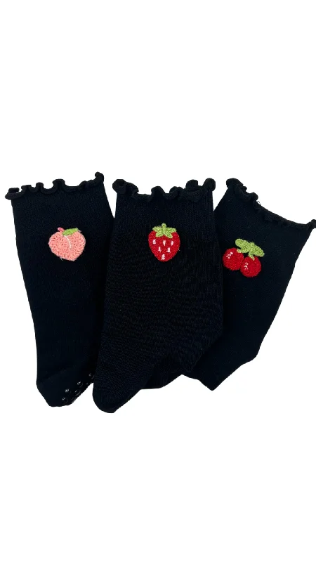 Pack of 3 black grip socks- Cherry, Peach & Strawberry