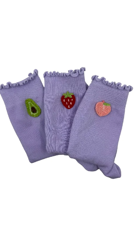 Pack of 3 purple grip socks (avocado, strawberry & peach) for pilates, yoga, lagree or barre