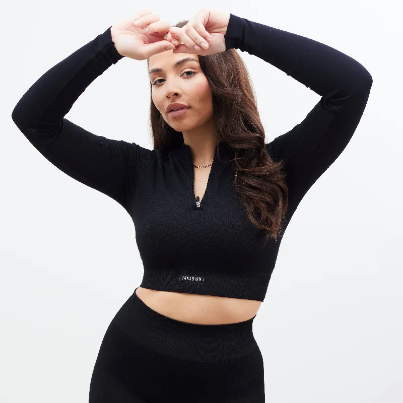 Vanquish Zipped Black Seamless Long Sleeved Crop Top