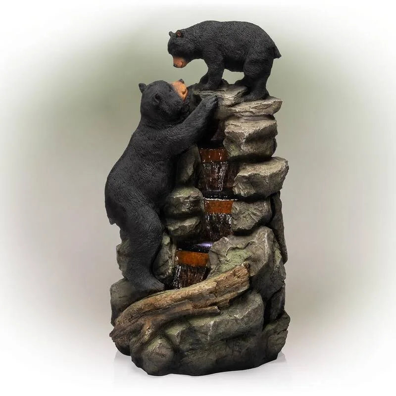 36 in. Tall Outdoor 2 Bears Climbing on Rainforest Water Fountain